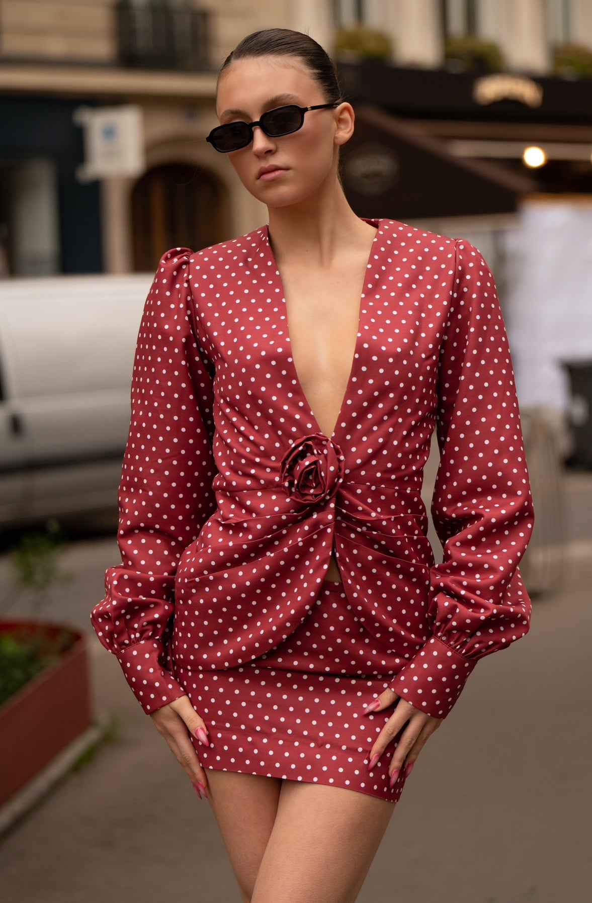 Burgundy dots blazer set